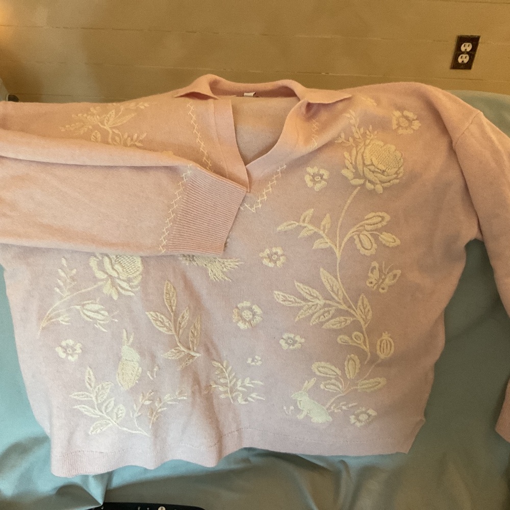 Johnny Was Cashmere Blend Sweater Woodland Embroidery Large L